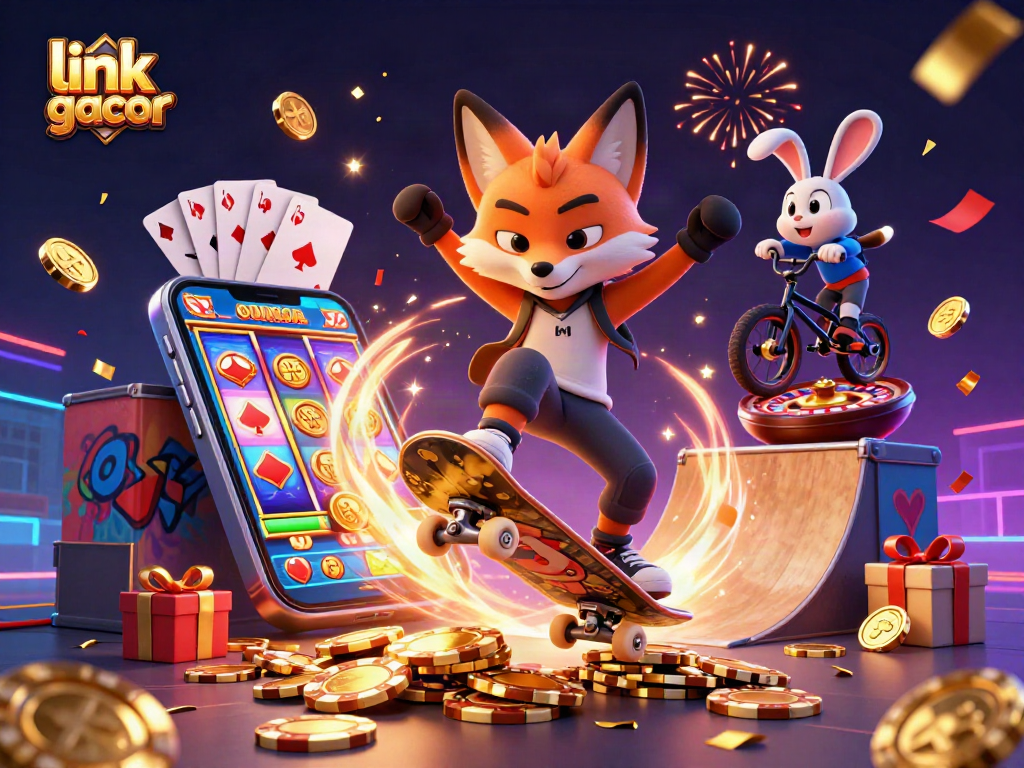 Experience fun with link gacor as a cartoon fox and rabbit perform stunts near vibrant casino elements.