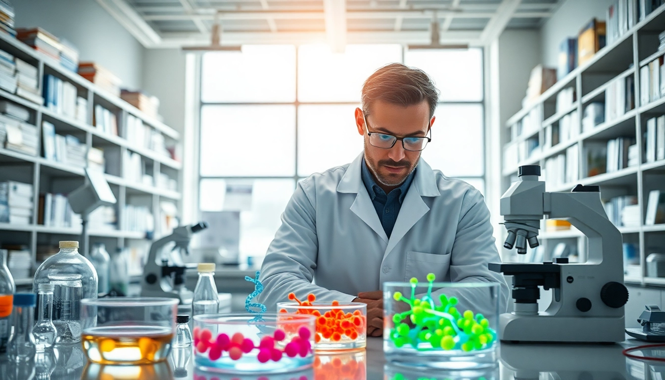 Researching peptides with klow in a modern lab setting, featuring laboratory equipment.