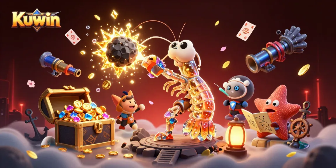 Kuwin's thrilling 3D illustration shows cartoon galactic samurai mantis shrimp amid exploding gems, emphasizing excitement in online casinos.