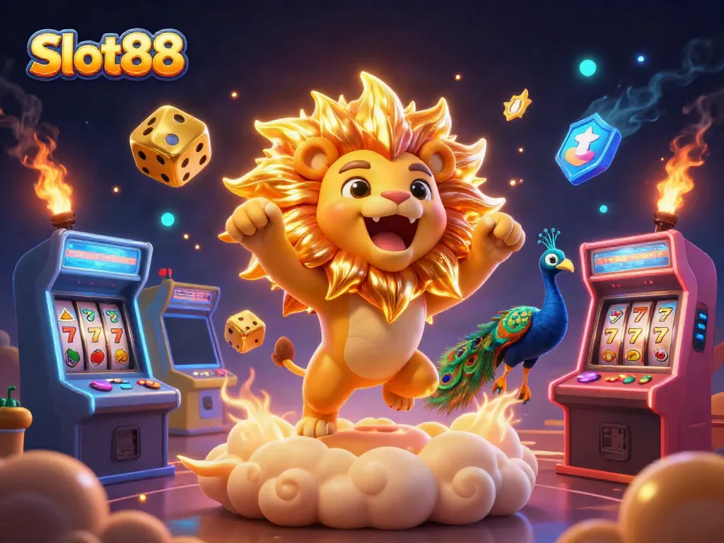 Gambarkan Slot88 dengan harimau matahari 3D, dadu emas, dan elemen slot berwarna cerah.