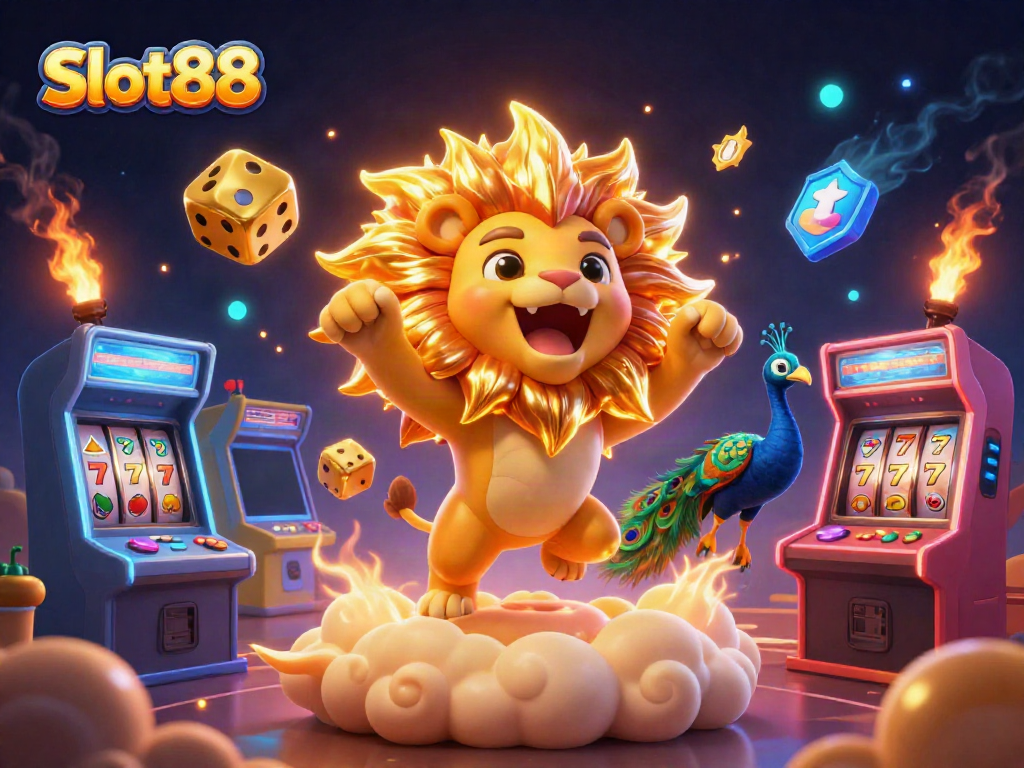 Gambarkan Slot88 dengan harimau matahari 3D, dadu emas, dan elemen slot berwarna cerah.