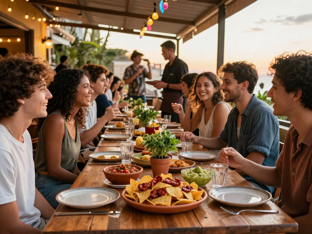 Best tapas tortilla chips con chorizo near me served at a lively outdoor restaurant with friends enjoying a vibrant meal.