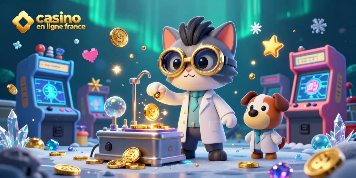 Illustration dynamique représentant un casino en ligne France, avec un chat scientifique et son chien assistant au travail.