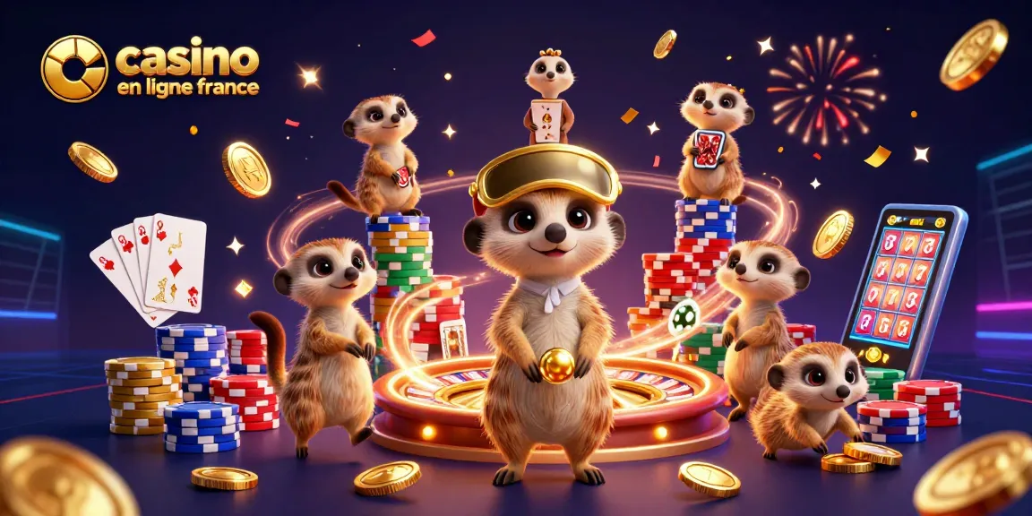 Jouer à un casino en ligne France avec des suricates qui gèrent une opération de casino colorée.