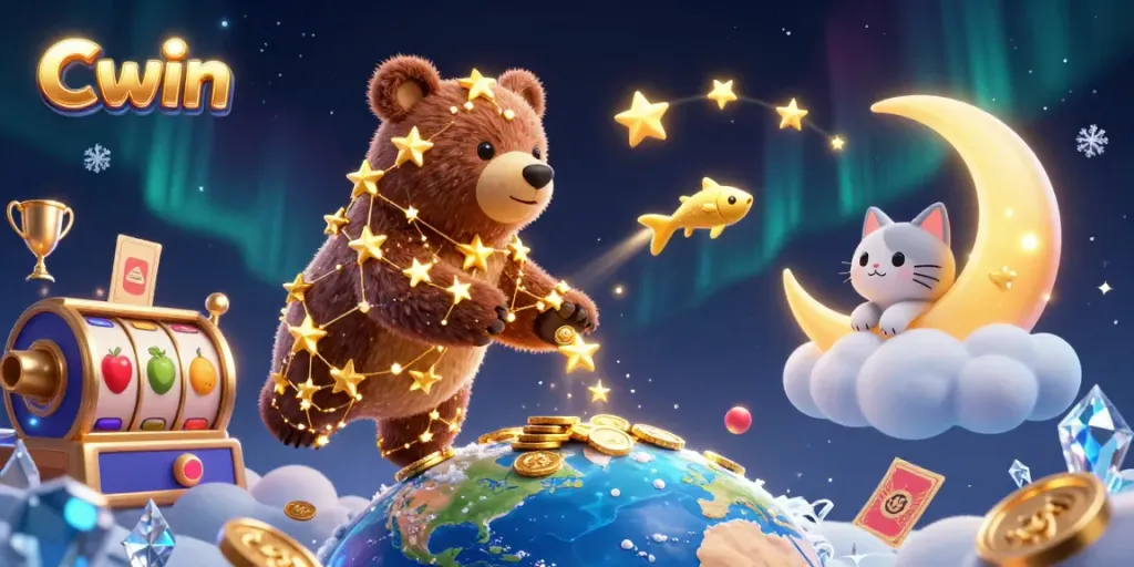 Cwin showcases a constellation bear scooping coins, embodying the thrill of casino gaming.
