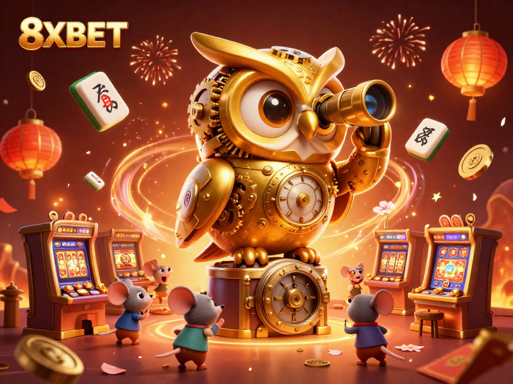 Experience the excitement of 8XBET with a vibrant casino scene featuring a golden owl and animated mice.