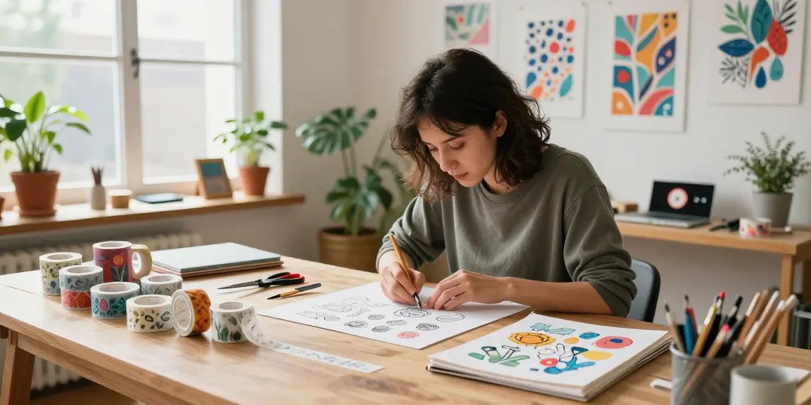 Vibrant custom washi tape designs in a bright creative workspace with artisan crafting.