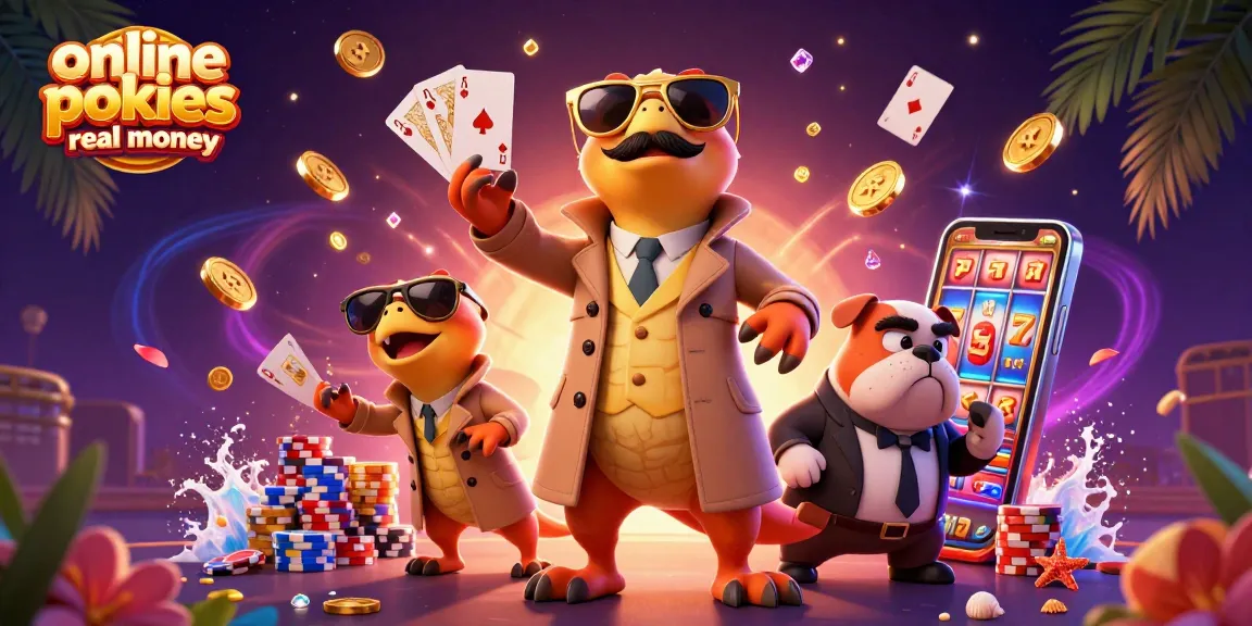 Playing online pokies real money with raptors and bouncer in a vibrant casino scene.