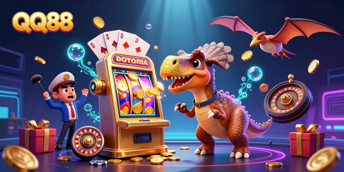 Experience exciting jackpots and gaming energy at QQ88 with vibrant casino characters and dazzling slot machines.
