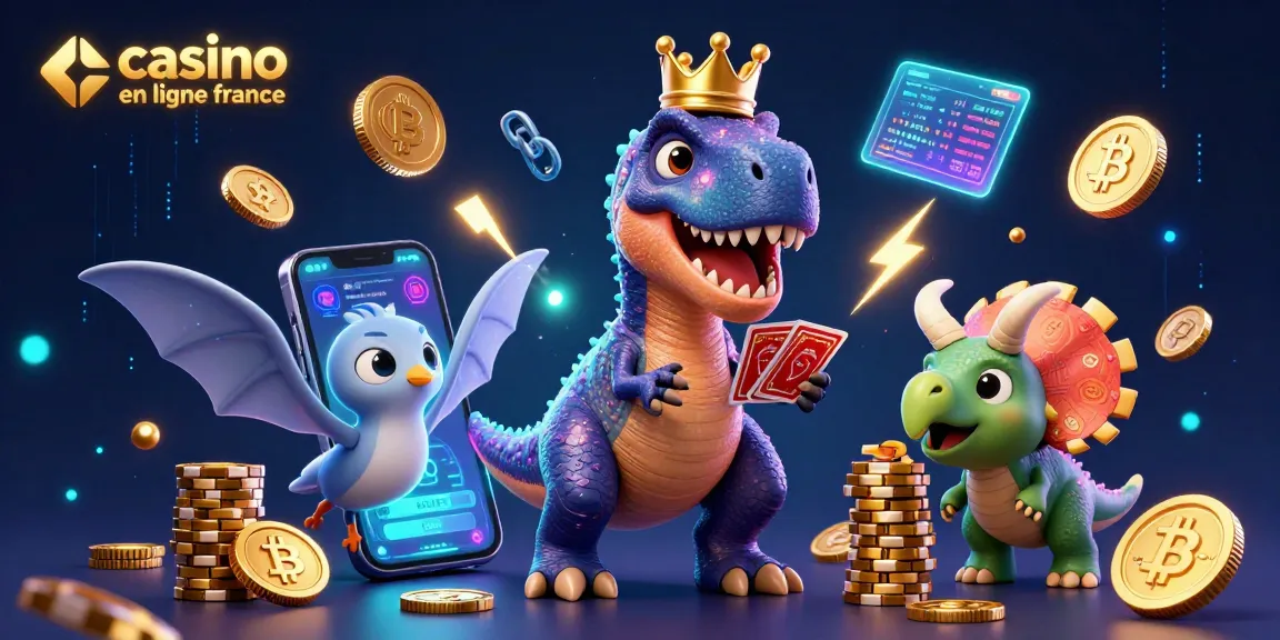 Amusez-vous au casino en ligne France avec T-Rex, Ptérodactyle et Tricératops, jouant à des cartes et empilant des jetons d'or.