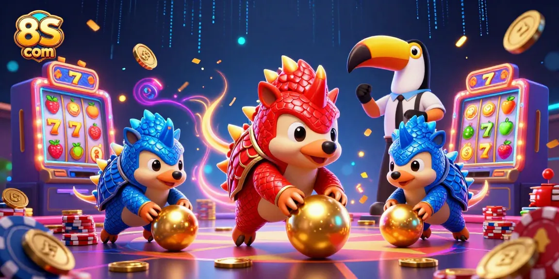 Engage in exciting gaming at 8S com with vibrant pangolins playing slots and rolling poker chips.