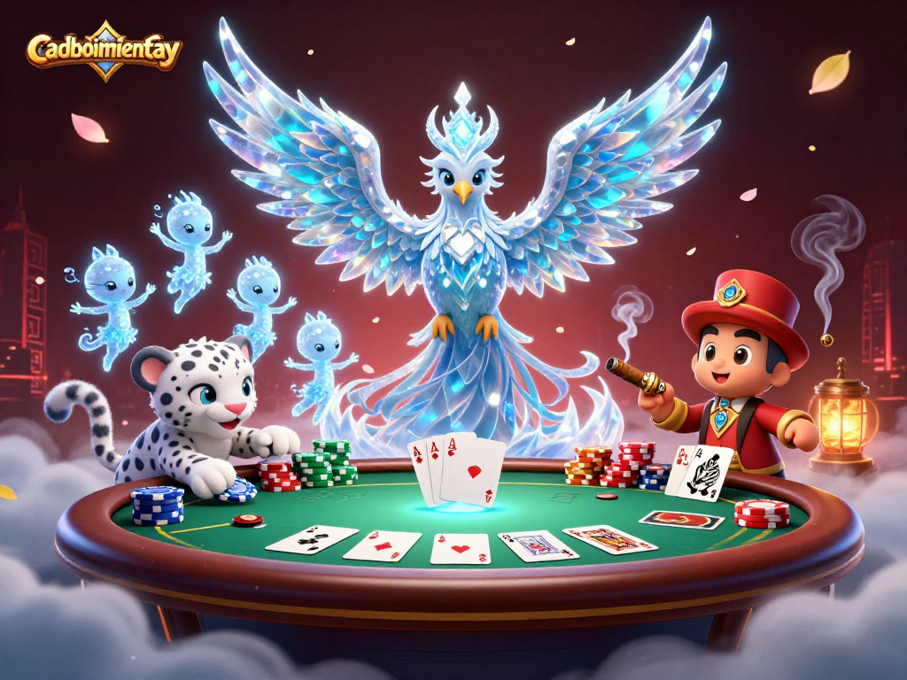 Engage in thrilling casino action with caoboimientay through a vibrant 3D illustration featuring poker-themed characters and elements.