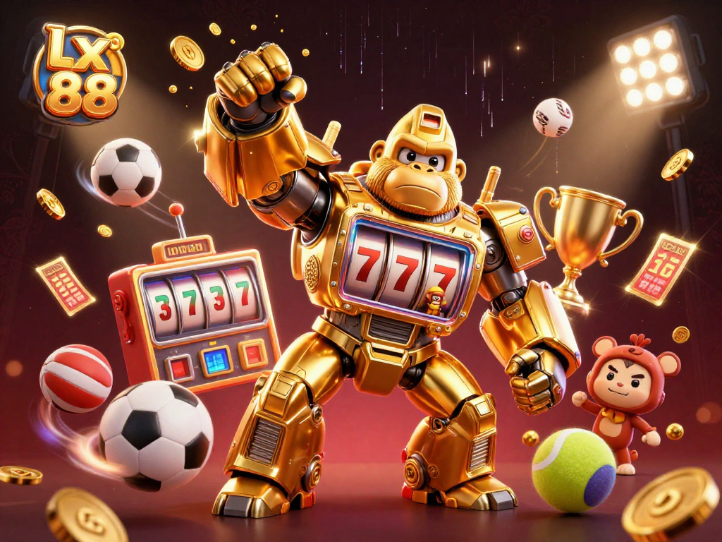 Experience thrilling gameplay at lx 88 with a stunning golden gorilla mech surrounded by dynamic sports elements.