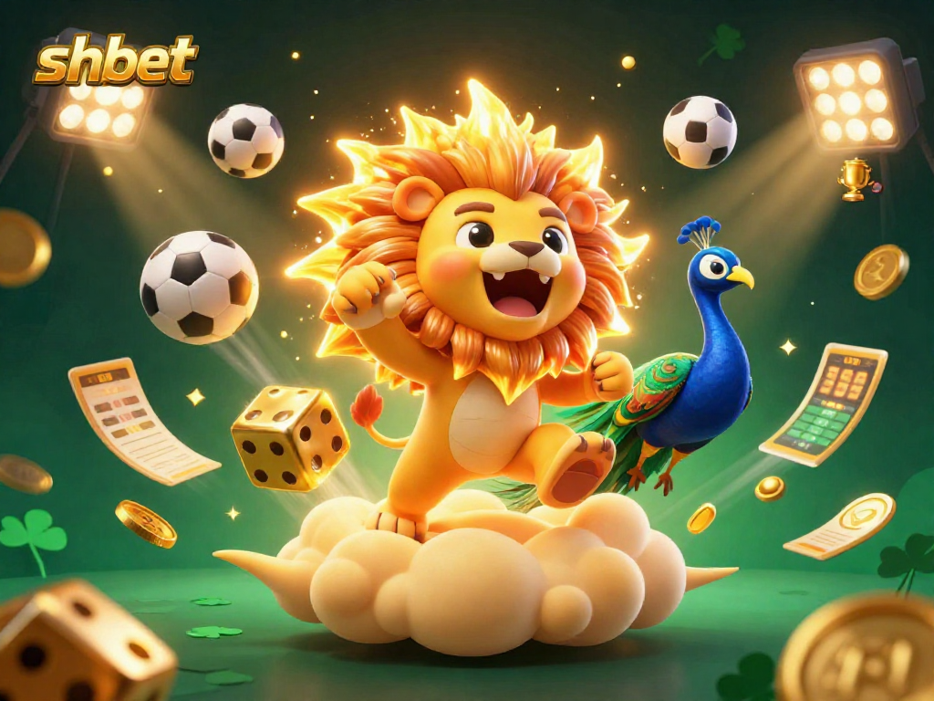 Engage with shbet through dynamic gaming experiences featuring a lion, golden dice, and sports elements.