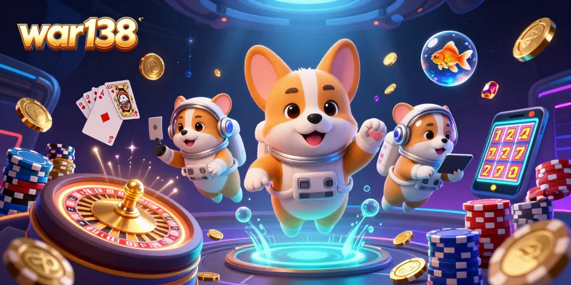 Experience thrilling gameplay at war138 with a vibrant space-themed casino scene featuring a lucky corgi and dynamic gaming elements.