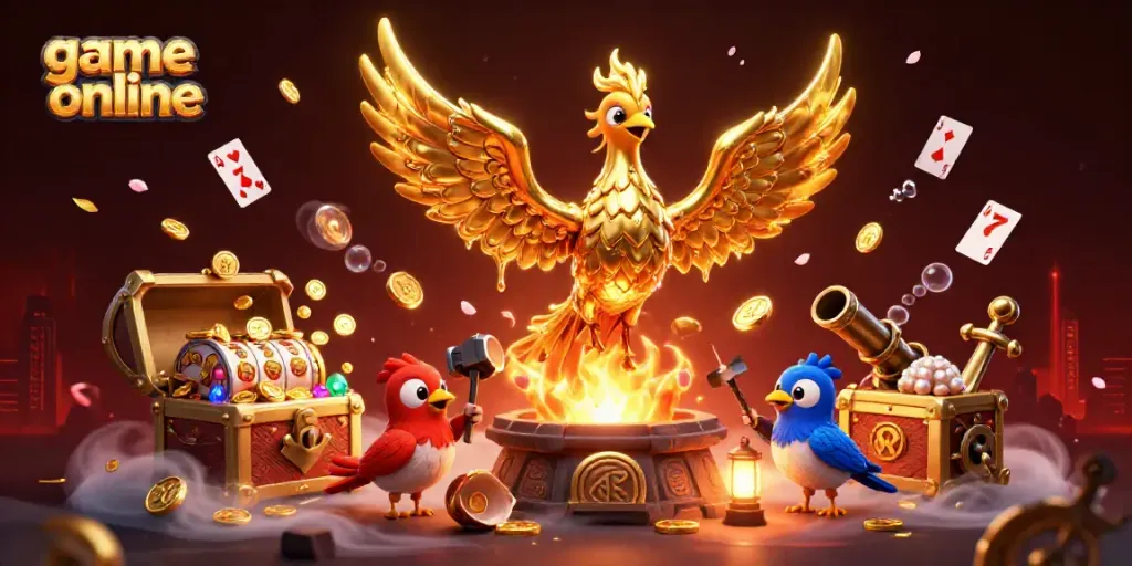 Dynamically showcasing game online excitement with a molten phoenix and golden casino elements