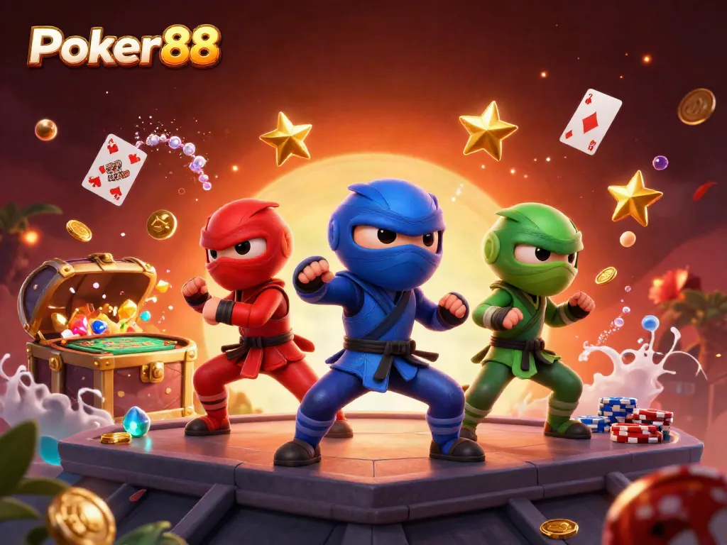 Experience Poker88's thrilling gaming with a vibrant scene featuring colorful characters, dynamic elements, and poker visuals.