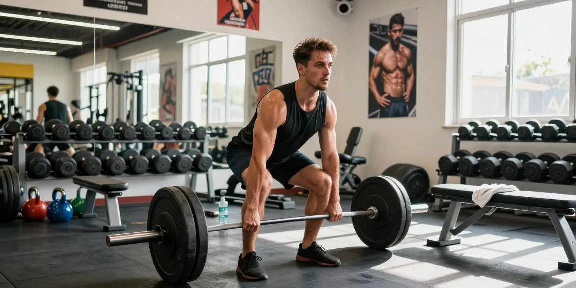 Athletic man in Steroid Shop themed gym performing deadlifts, showcasing dedication with weights and motivating workout environment.