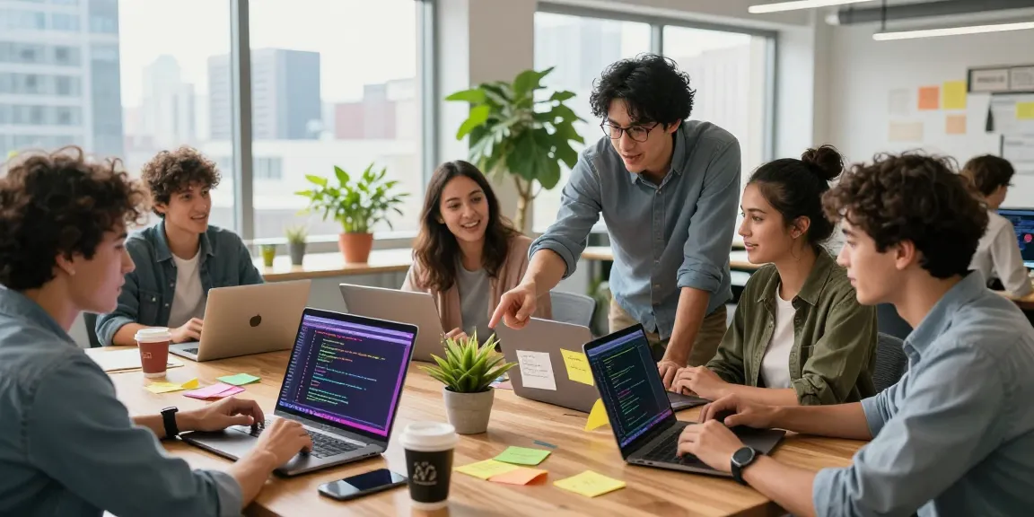 A diverse team at https://www.www456bd.com/ collaborating in a vibrant tech workspace filled with laptops, code, and creativity.