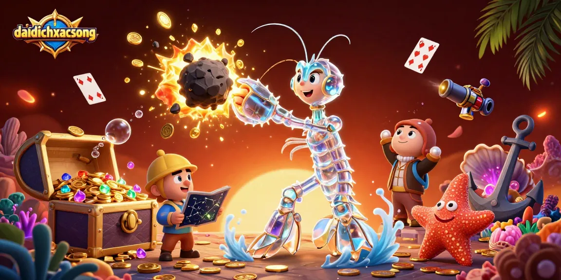Join the action in daidichxacsong as the vibrant mantis shrimp punches through an asteroid showering gems and coins.