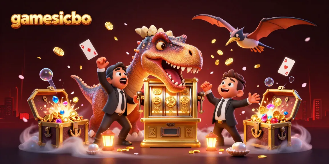 gamesicbo features a dinosaur headbutting a jackpot slot machine in a vibrant casino scene.