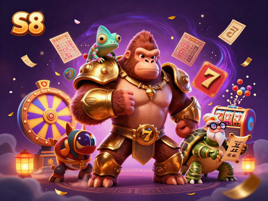 Experience thrilling wins at S8 with colorful slot games and energetic characters in a vibrant casino atmosphere.