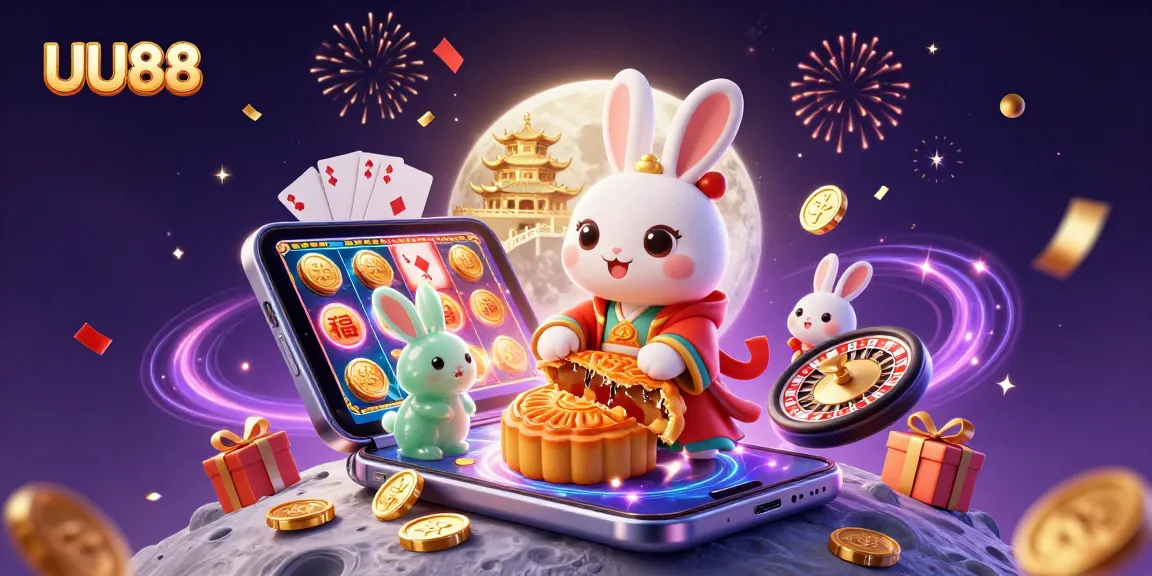 Experience the magic of UU88 with a 3D moon rabbit uncovering poker chips, perfect for casino lovers.