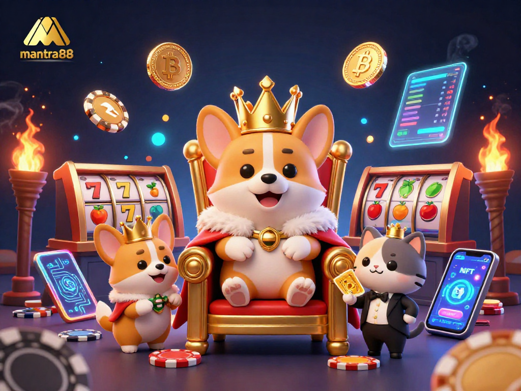 Engage with mantra88's vibrant online casino, featuring a royal corgi on a poker chip throne and dynamic slot elements.