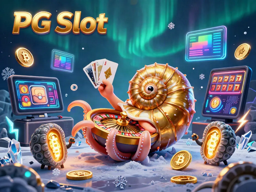 Bermain PG Slot dengan 3D nautilus raksasa di meja kasino digital, dikelilingi koin crypto yang bersinar.