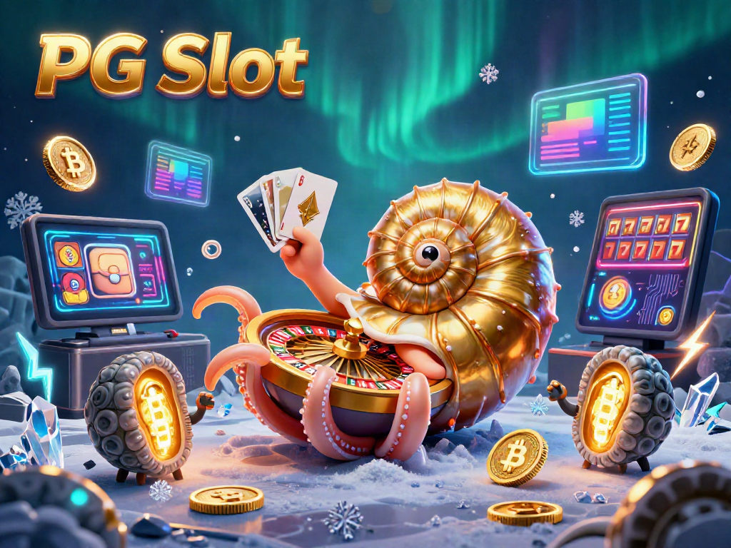 Bermain PG Slot dengan 3D nautilus raksasa di meja kasino digital, dikelilingi koin crypto yang bersinar.