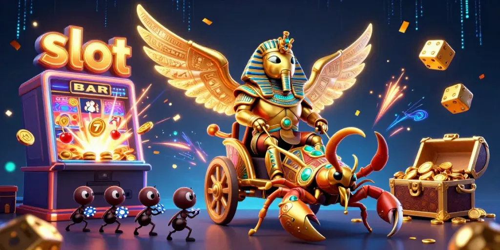 Mencoba mesin slot yang memancarkan koin dan cahaya, dikelilingi oleh simbol keberuntungan dan karakter unik.
