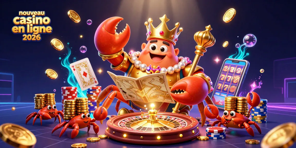 Illustration d'un nouveau casino en ligne 2026 avec un empereur crabe et des pièces d'or tourbillonnantes.