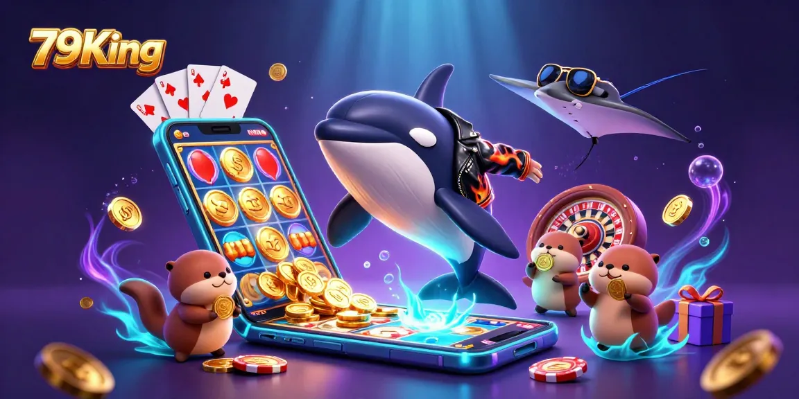 Engage with thrilling games at 79King, featuring an orca, stingray, and otters in vibrant casino scene.