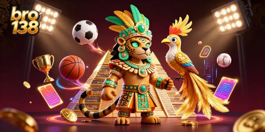 Experience the excitement of bro 138 with a vibrant 3D casino scene featuring a Mayan jaguar priest and sports elements.