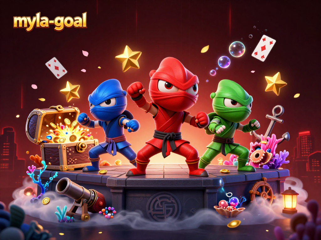 Engage with myla-goal's dynamic gameplay, featuring ninja chameleons alongside treasure-filled gaming elements.