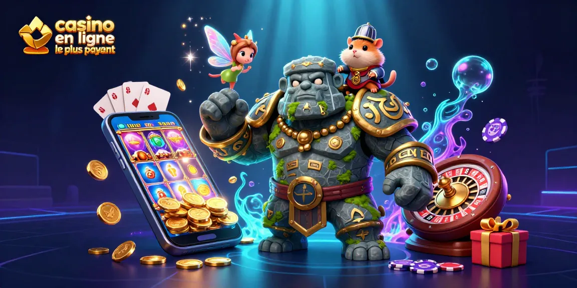 Une scène dynamique de jeu mettant en avant le casino en ligne le plus payant, avec un golem, une fée et un hamster chevalier.