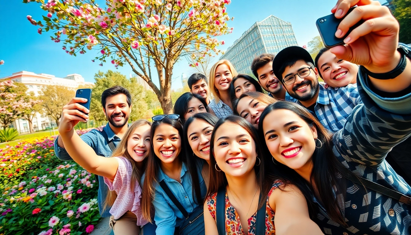 Dynamic selfie mosaic showcasing diverse expressions in a vibrant park atmosphere.
