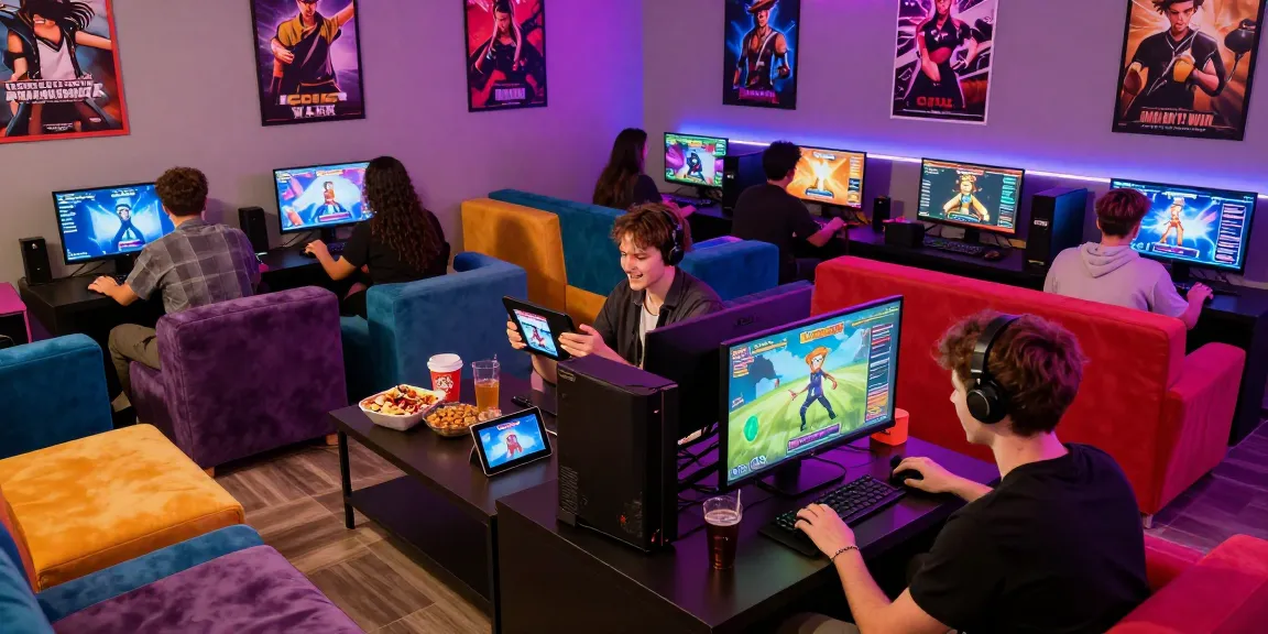 Engaging scene of multiple players enjoying various porn games in a lively adult gaming lounge, showcasing excitement and camaraderie.