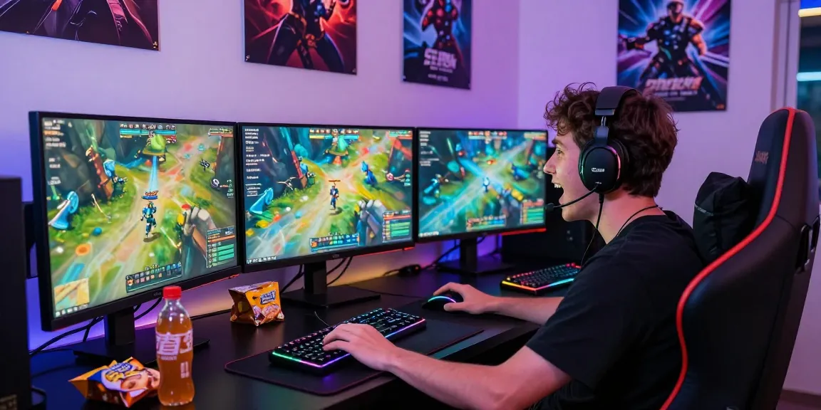 Gamer bermain delapan toto dengan semangat di setup gaming modern.