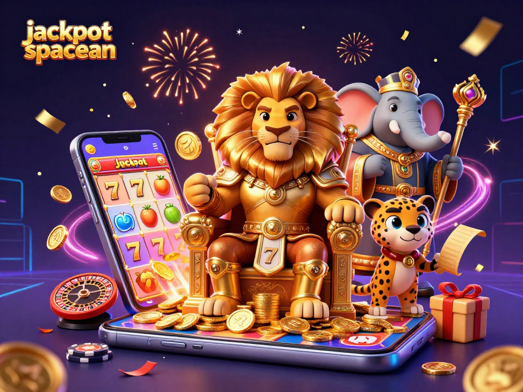 Engage with jackpot spaceman in a vibrant scene featuring a lion king, elephant advisor, and cheetah messenger amidst festive casino elements.