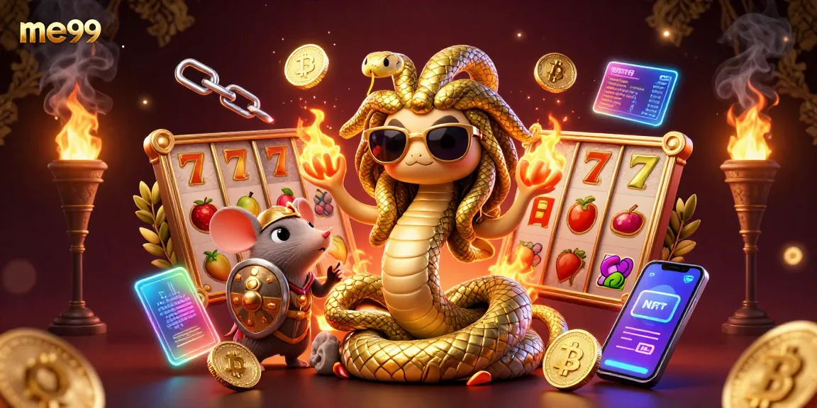 Play exciting slots at me99 with a playful Medusa and a warrior mouse amidst neon crypto coins.