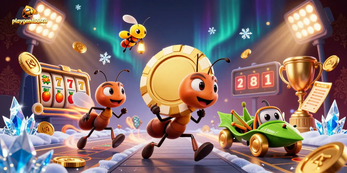 playgamebanca features a team of ants heisting a giant poker chip in a vibrant casino scene.