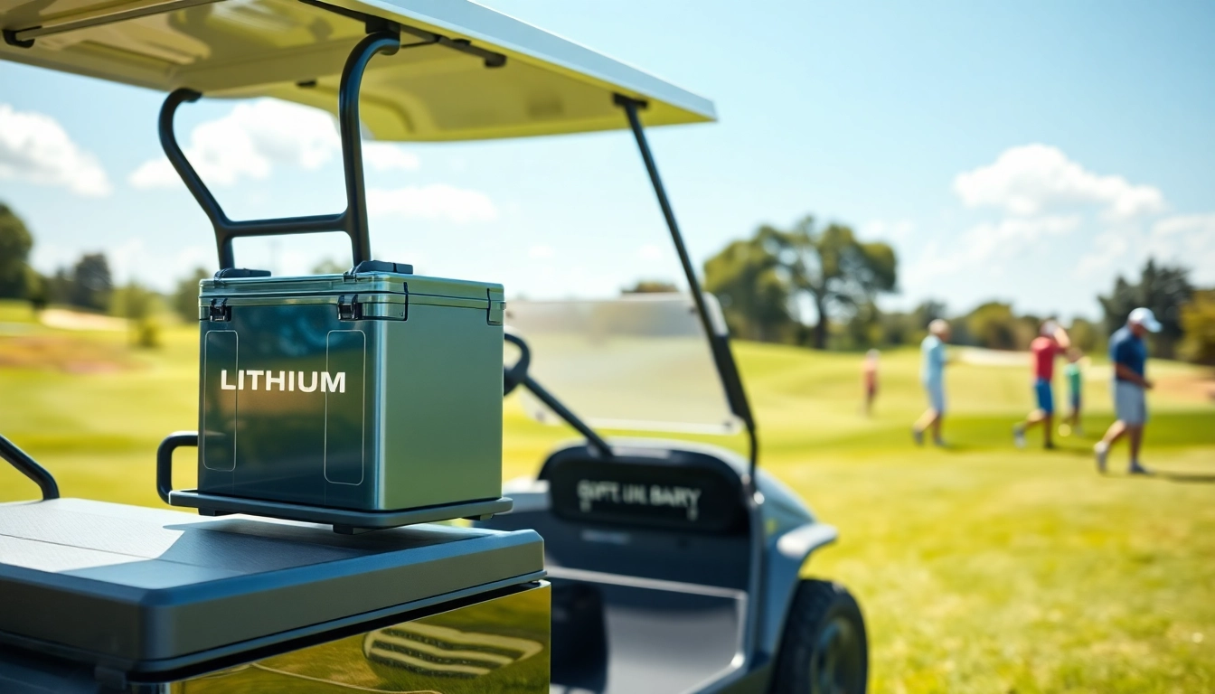 Showcase of lithium golf cart batteries in a sunny outdoor environment, emphasizing efficiency and innovation.