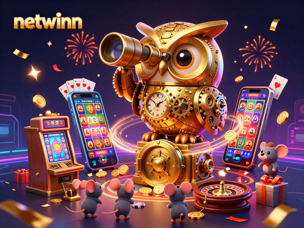 Experience netwinn's vibrant casino floor filled with action, golden coins, and colorful gaming elements.