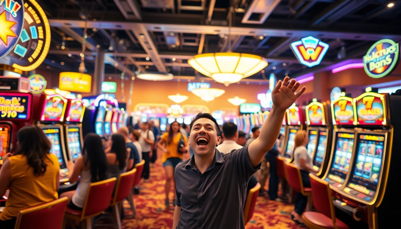 Enjoy thrilling slot gambling experience with players and colorful slot machines in a lively casino.