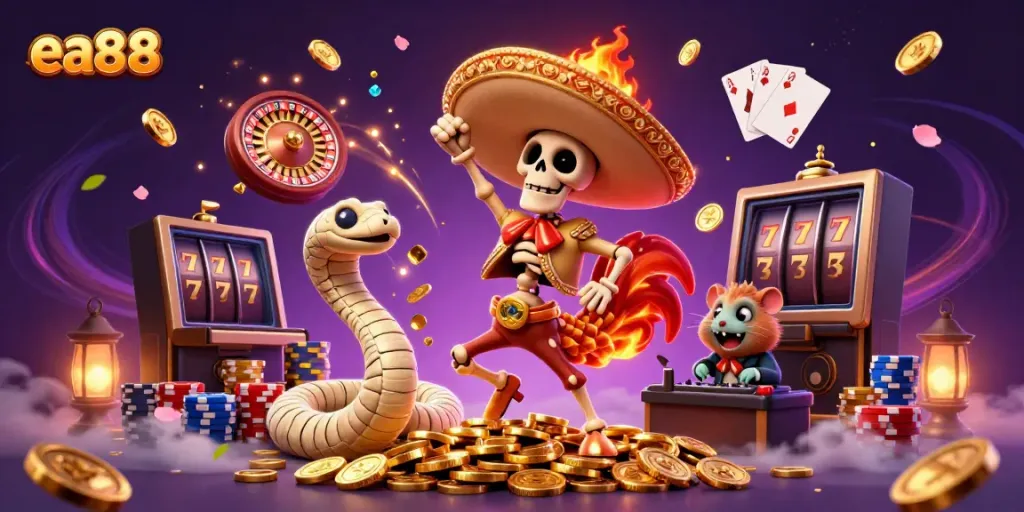 Hình ảnh casino đầy màu sắc với ea88, gà ma-ri-a-chi nhảy múa trên đống vàng.