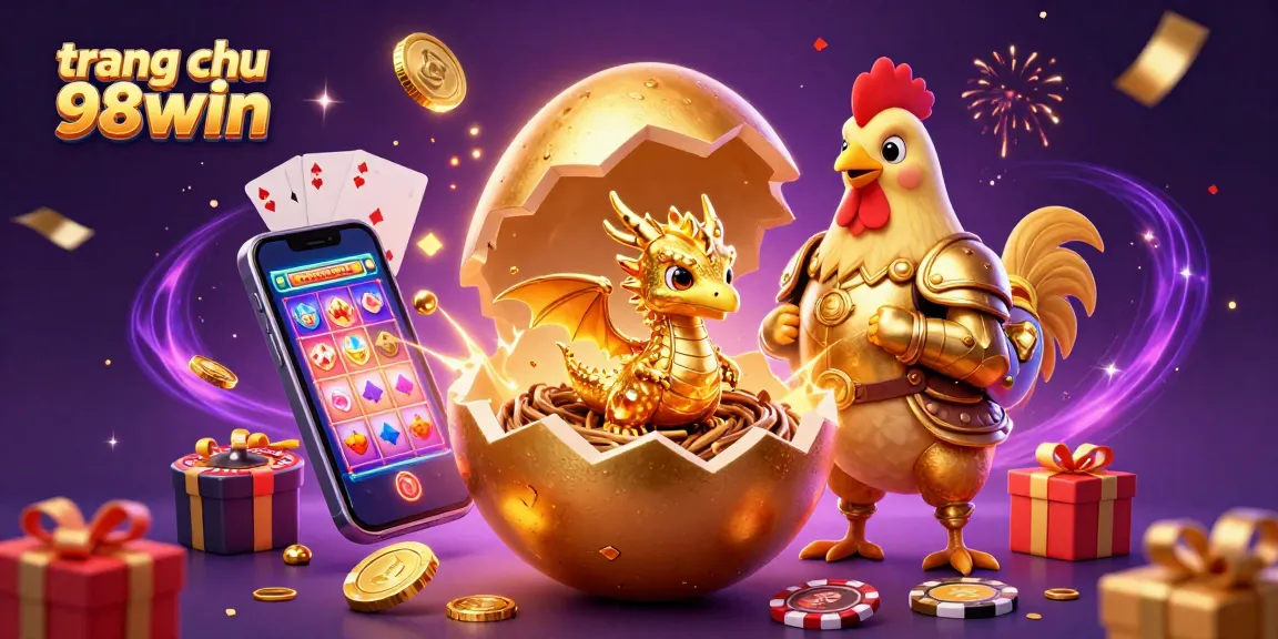 Experience luck and excitement with trang chu 98win featuring a golden dragon amidst casino elements.