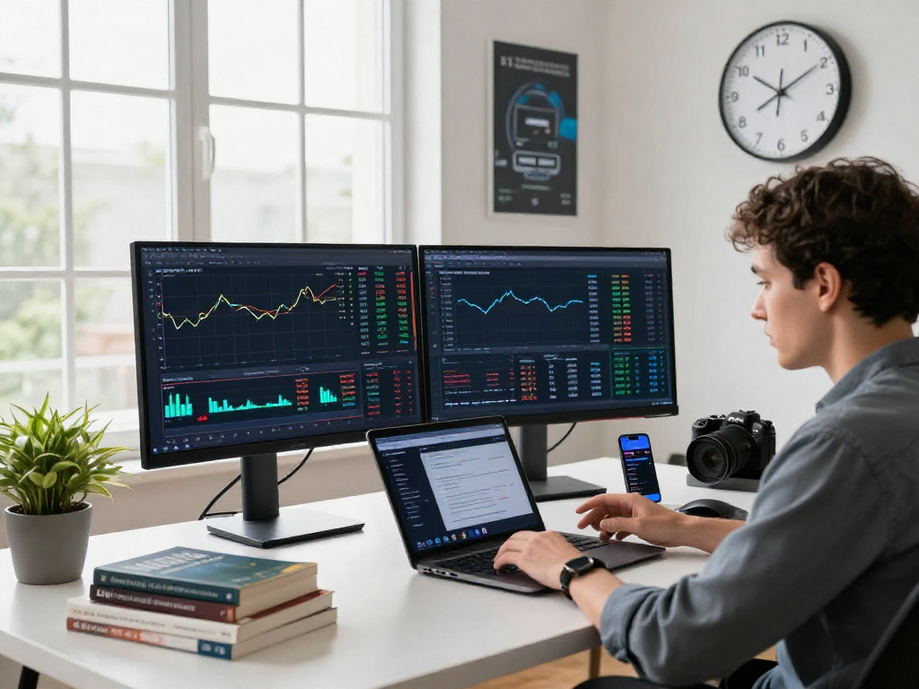 Kyber-swap dynamic digital trading scene with user analyzing performance metrics in a modern workspace.