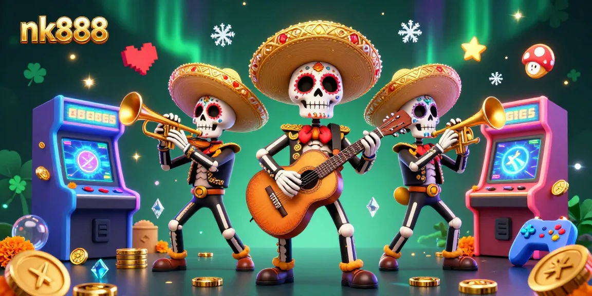 Experience the vibrant world of gaming at nk888 with a colorful mariachi band and arcade elements.