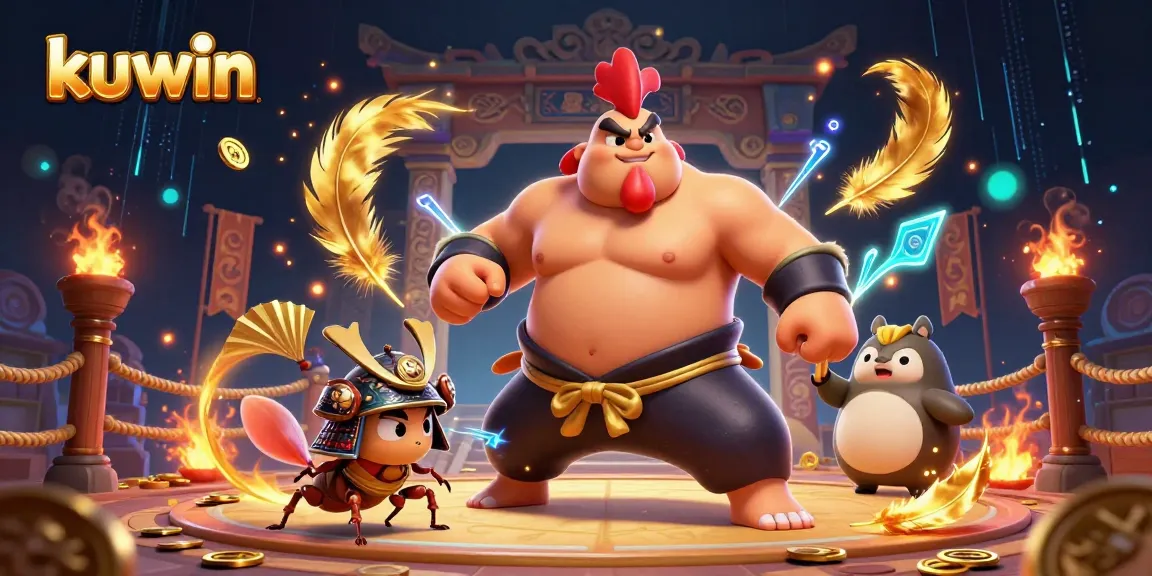 Kuwin's exciting gaming arena features a powerful sumo wrestler rooster, a fierce samurai cricket, and a tanuki announcer.